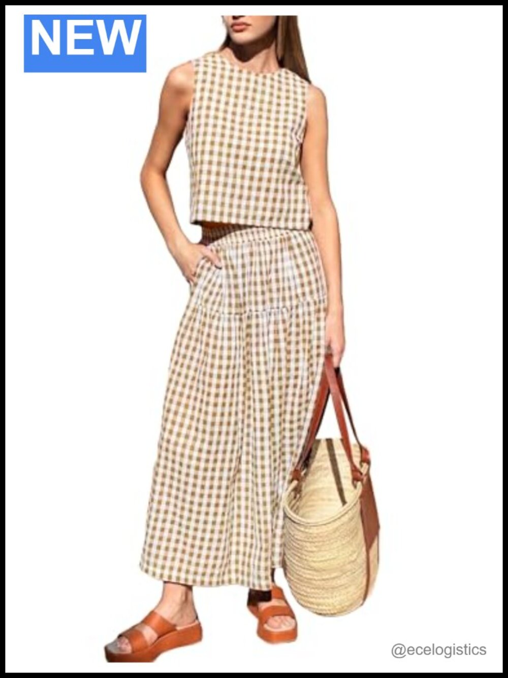 Womens Gingham Check Two Piece Set Sleeveless Crop Top High Waist Skirt Set